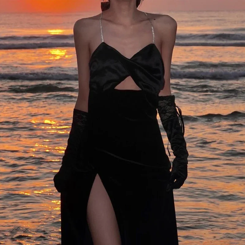 Real Shot French Style Backless Black Spaghetti Strap Dress New Year's New Luxury Niche High-end Long Dress