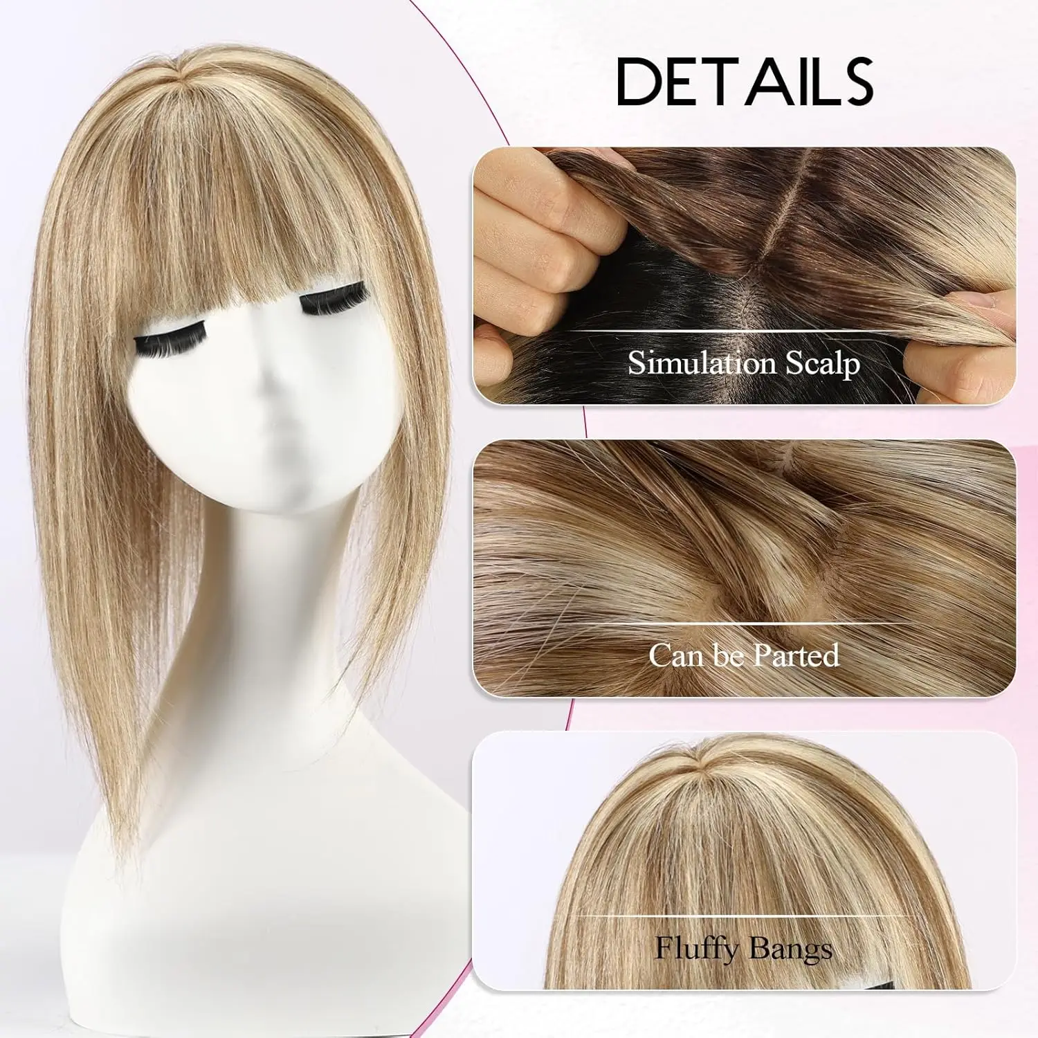 Topper de cabelo humano loiro misto marrom com franja clipe reto de seda natural em extensões de cabelo para mulheres com cabelo de desbaste 12 pol.