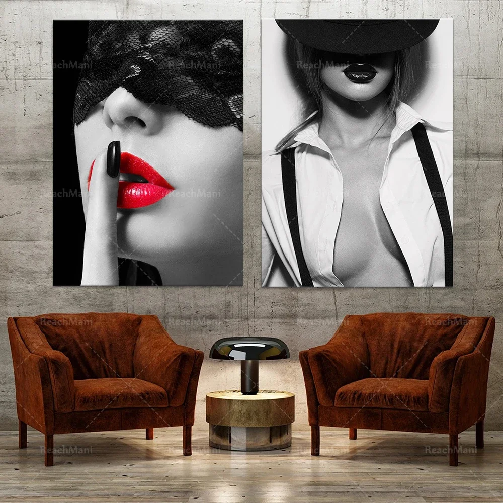 Sexy woman black lace mask red lips erotic photo poster, sexy fashion model print, fashion black and white photo art