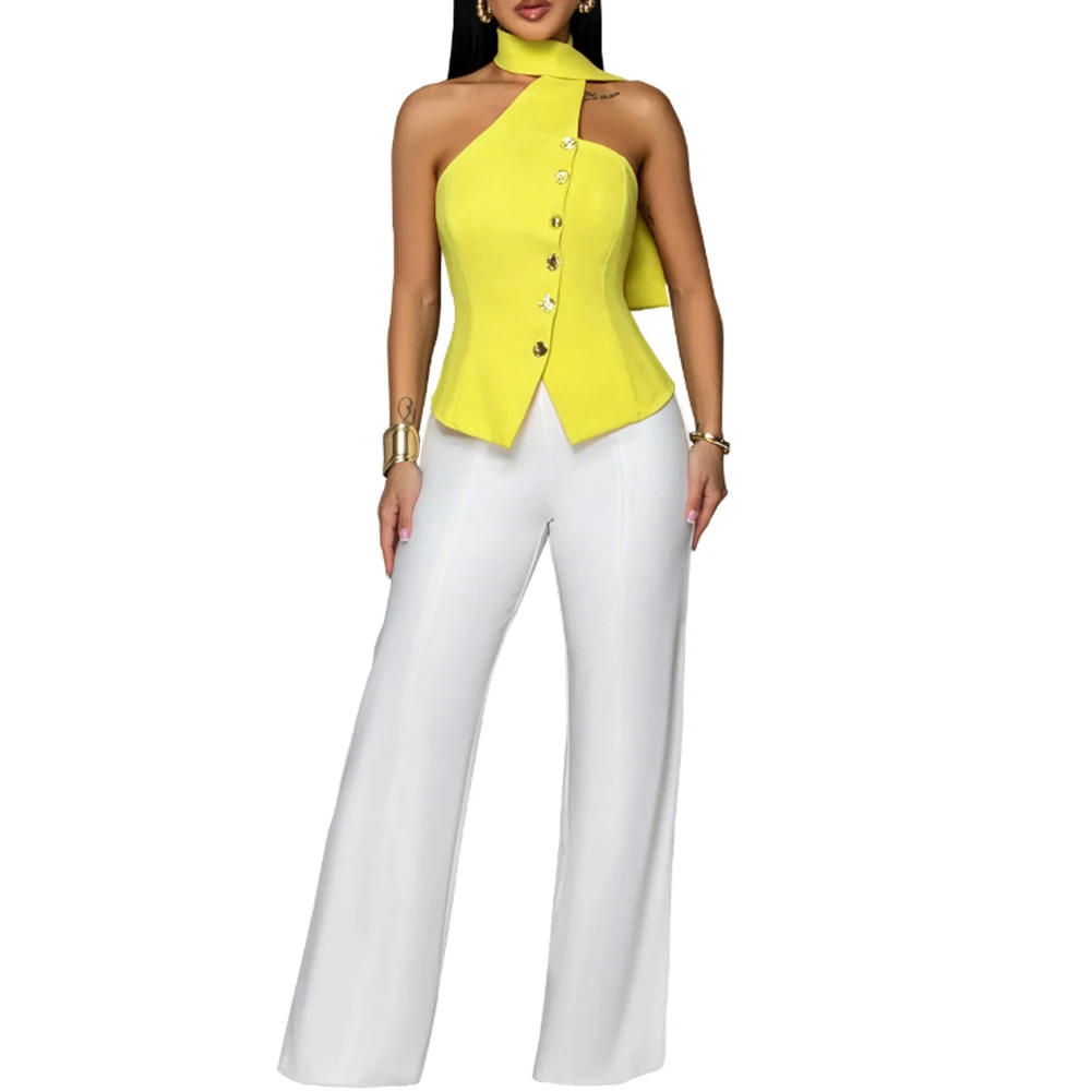 

Women Summer Outfit 2 Piece Halter Neck Fitted Top High Waist Wide Leg Trousers
