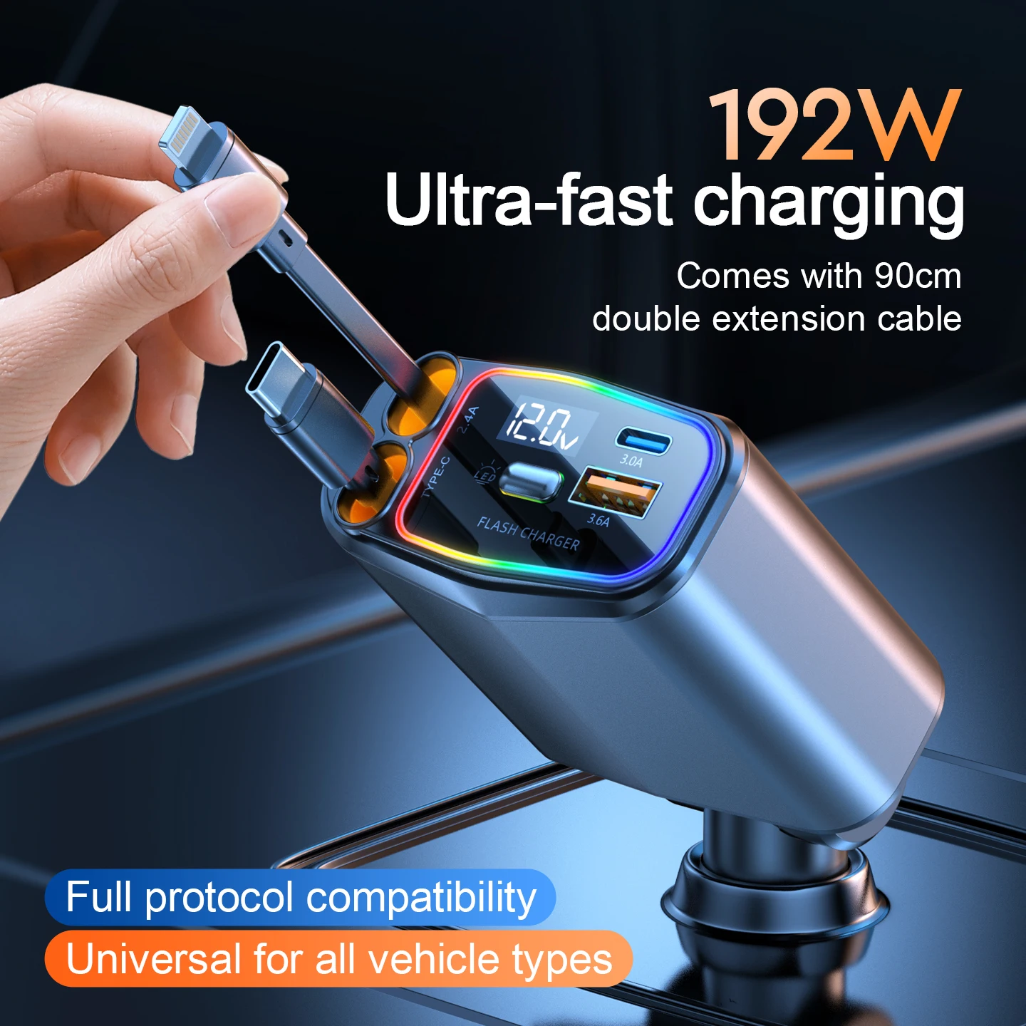 

192w4 in 1 retractable car charger USB C for iPhone Xiaomi Huawei Samsung Fast charging cable cigarette lighter adapter