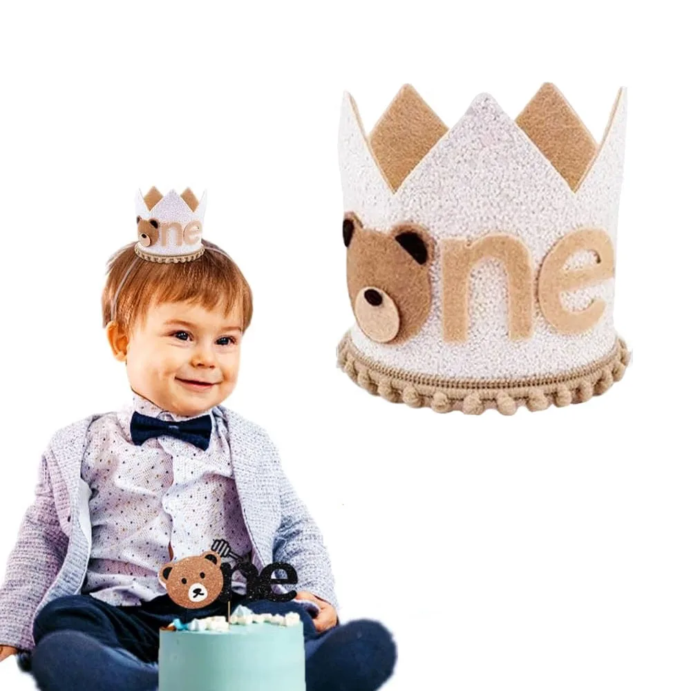 

Teddy Bear One Year Felt Crown Birthday Party Hats Cartoon Animal Little Bear Hat Kids Boys Happy 1st Birthday Party Decorations