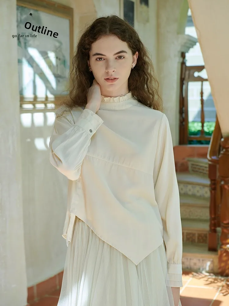 

GOFAR Women's irt Long Sve Asymmetrical Loose Fit Innerwear Outerwear Autumn New Sle Skin-friendly Breathable Pure Color