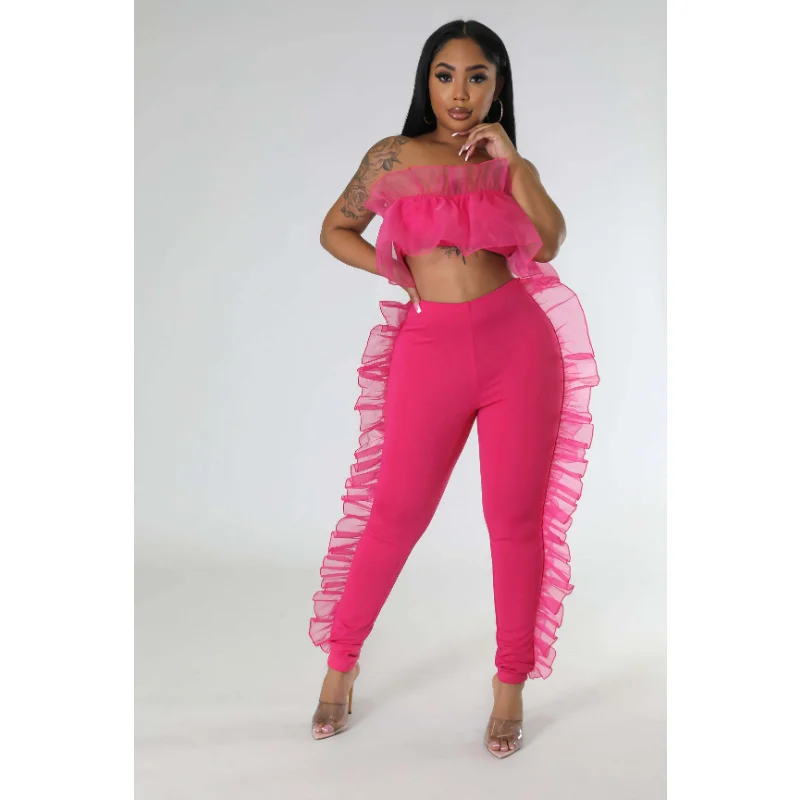 

Sexy Organza Patchwork Women Two Piece Set Solid Strapless Crop Top Ruffles Pencil Pants Female Night Party Club Tracksuit 2023