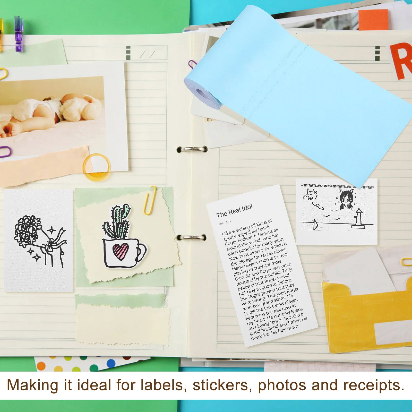 13 Rolls Plain Mini Printer Paper Printer Mini Receipt Stickers Clear Print Compatible Photo Label Adhesive Supply