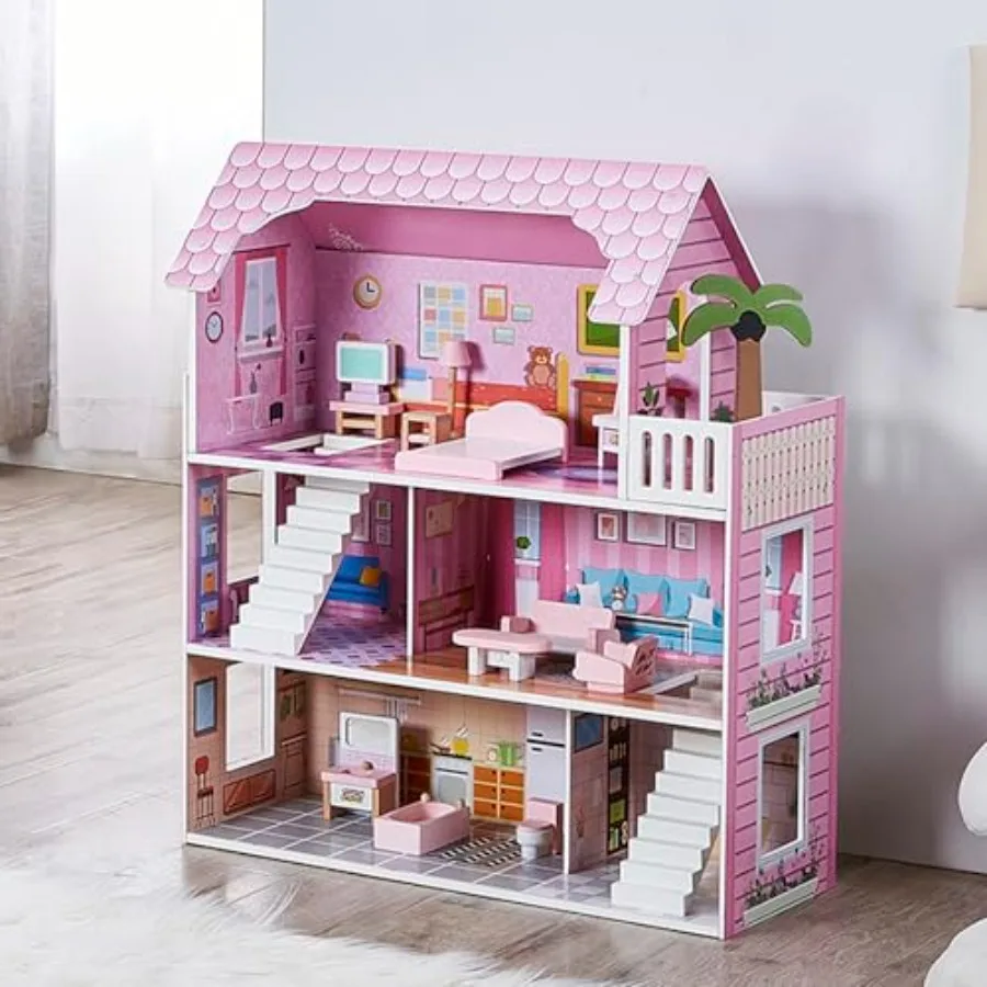 

Dollhouse - Pink Wooden Doll House with 10-Piece Mini Furniture Set, 3-Story 5 Open Rooms, Easy to Assemble Pretend Play House,