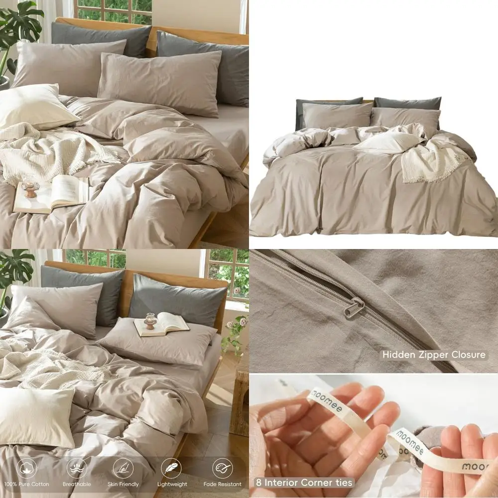 

Bedding Duvet Cover Set 100% Washed Cotton Linen Like Textured Breathable Durable Soft Comfy (Heathered Taupe, Queen 90"x90")