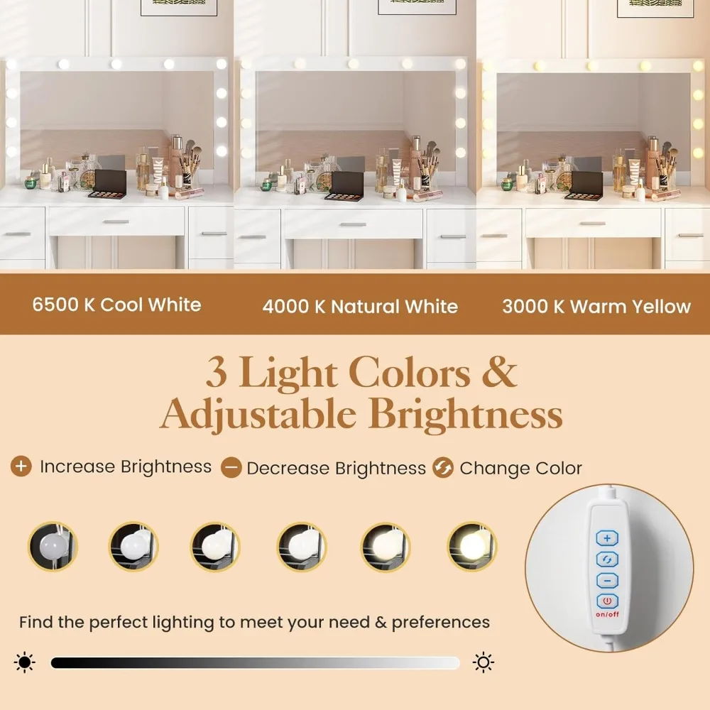 طقم طاولة مكياج مع مرآة، أضواء، محطة شحن، حامل مجفف الشعر، إضاءة 3 ألوان، 7 أدراج لتنظيم التجميل