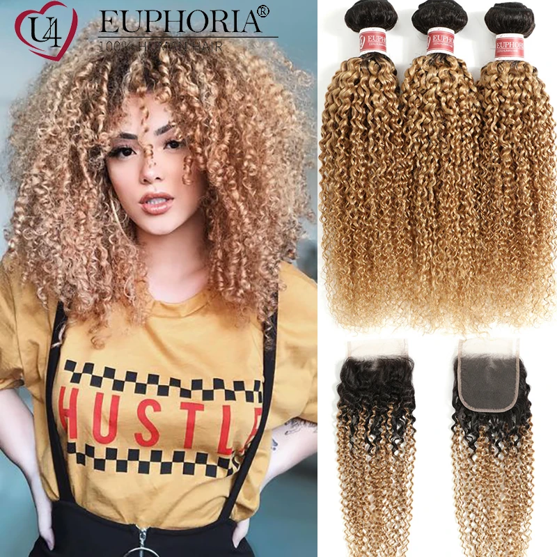 

Brazilian Human Hair Afro Curly 3 Bundles With Closure 1b/27 Ombre Blonde Kinky Curly Bundles With 4x4 Lace Closure Euphoria