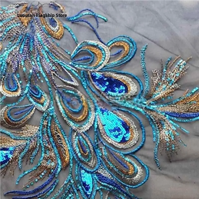 

Shiny Sequin Embroidered Feather Mesh Fabric Patch for Stage Costume DIY Tailor Dressing Material Phoenix Peacock Tail