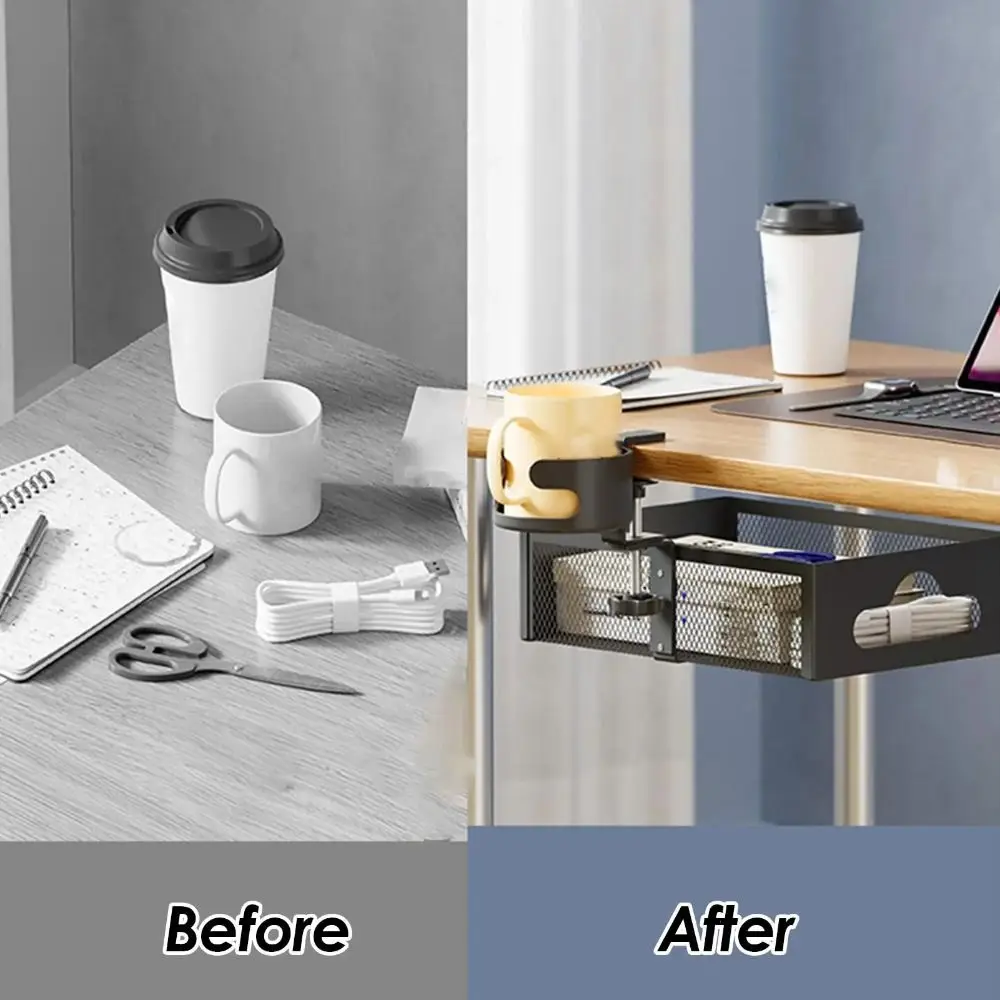 

360 Degree Rotating Under Desk Storage Rack No Drill Carbon Steel Desktop Stationery Shelf Multifunctional with Cup Holder