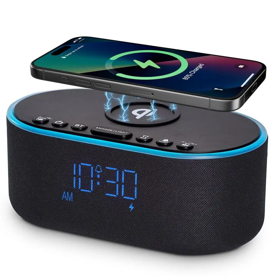 

Wireless Charging Alarm Clock Radio Qi Certified Fast Wireless Charger for iPhone Samsung 10W Stereo Bluetooth Speaker Dimmable