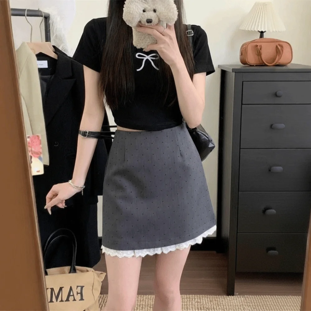 

Элегантная мини-юбка с высокой талией в горошек, с кружевными оборками, в ретро-стиле, А-силуэт, для женщин, летняя одежда