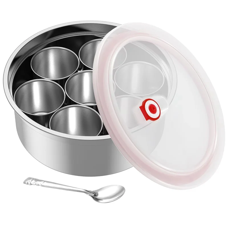 

Stainless Steel Spice Container With 7 Compartments, Transparent Lid For Indian Cooking