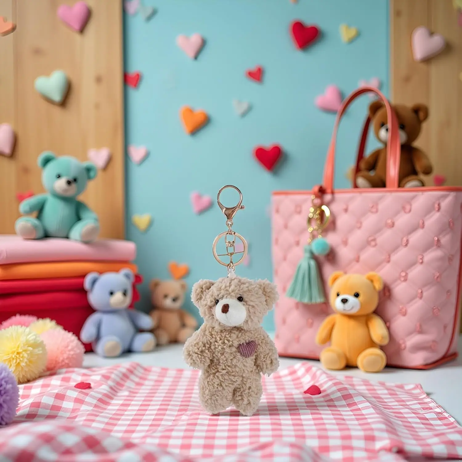 Weicher brauner Plüschbär-Schlüsselanhänger mit rosa Herz, ideal für Rucksäcke und DIY-Bastelarbeiten.