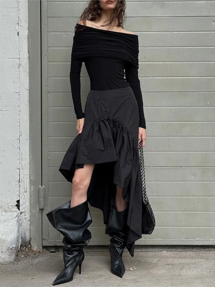 Women's Temperament Commuting Irregular Skirt Spring And Autumn Simple Solid Color High-waisted Open-leg Cascade Ruffle Skirt