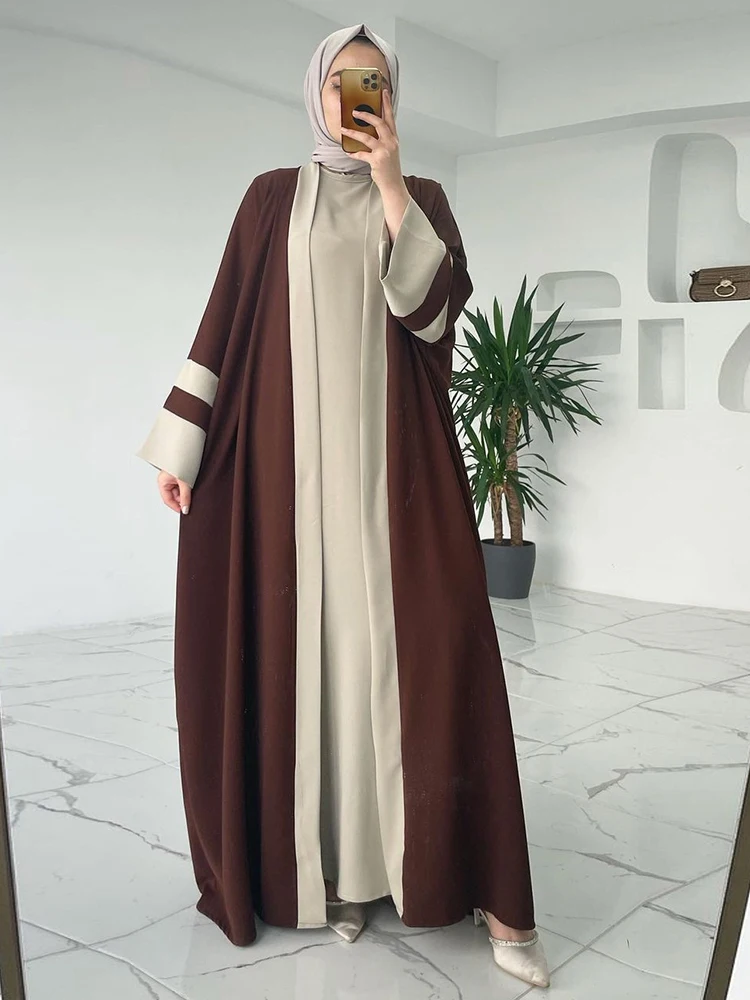 Dubai Muslim Ramadan Women 2 Set Solid Casual Sleeveless Dress And Open Kimono Abaya Fashion Contrast Color Turkish Kaftan