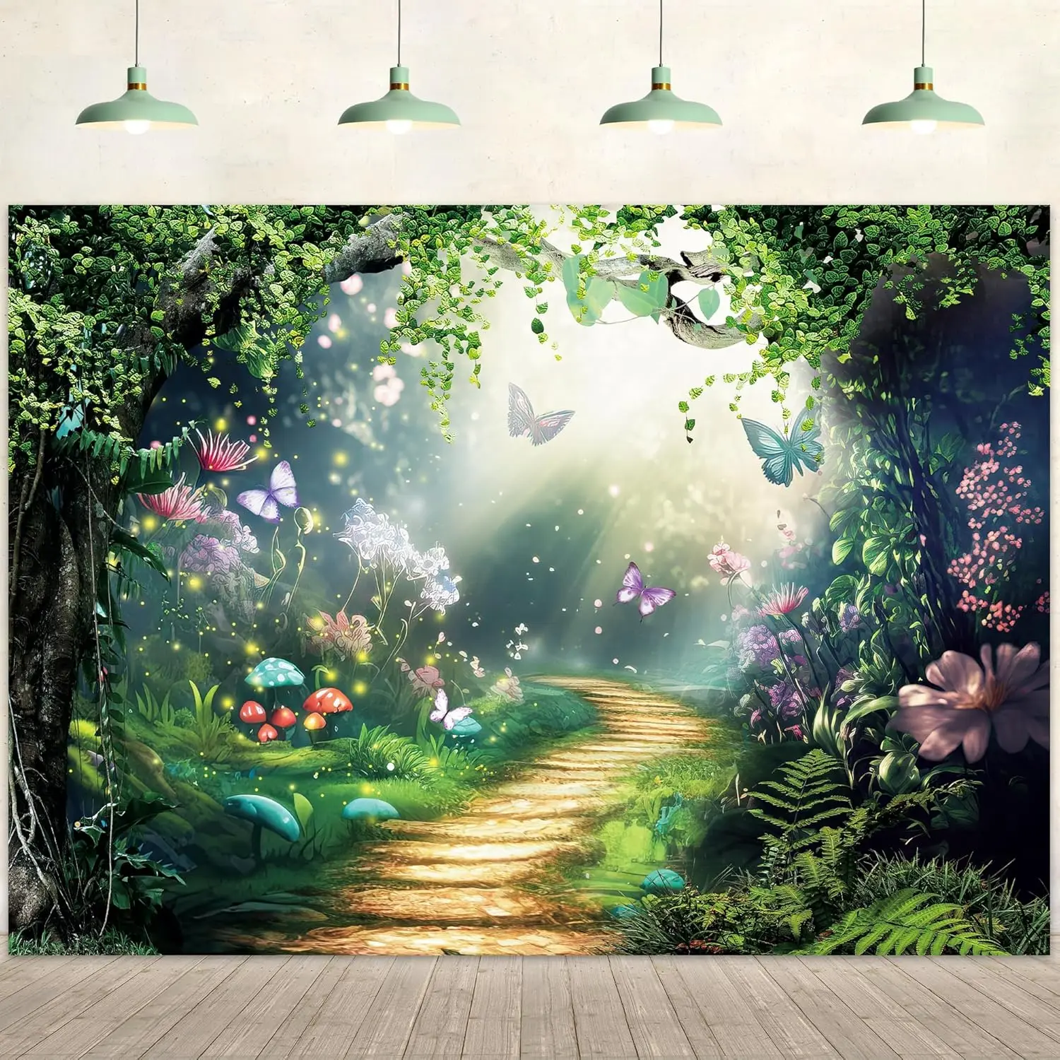Tapiz de pared de bosque encantado, arte de jardín de hadas, camino mágico, decoración natural, dormitorio bohemio, colgante, escena de bosque de setas de ensueño