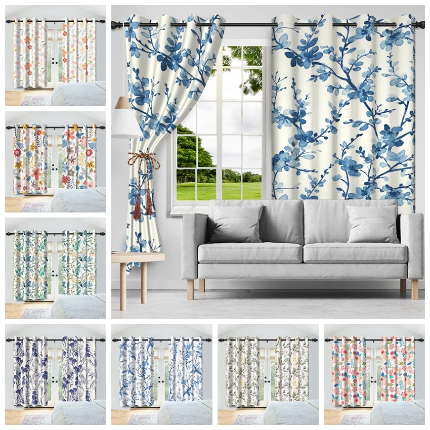 2pcs/set Botanical Floral Print Polyester Window Curtains Natural Retro Leaves Decor Bedroom Living Room Blackout Fabric Drapes
