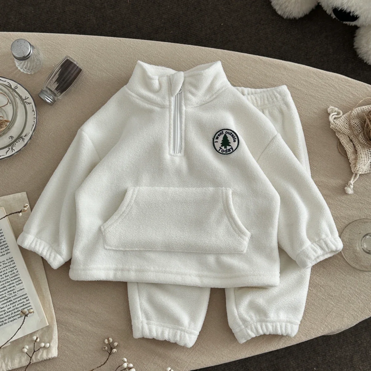 Thicken Warm Plush Children Sets Baby Boy Girls High Neck Badge Pocket Suits Autumn Winter Children Clothes