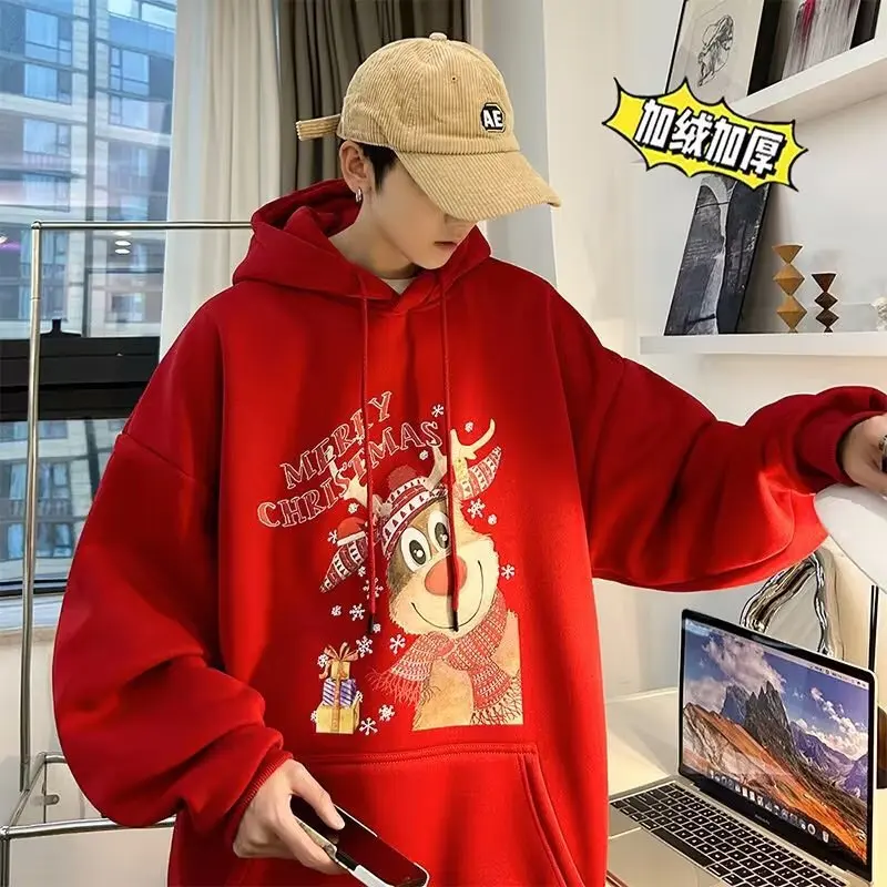 

Christmas Bright Red Plush Hoodie for Men's Winter Couple Jacket Oversize for Men's Zodiac Year