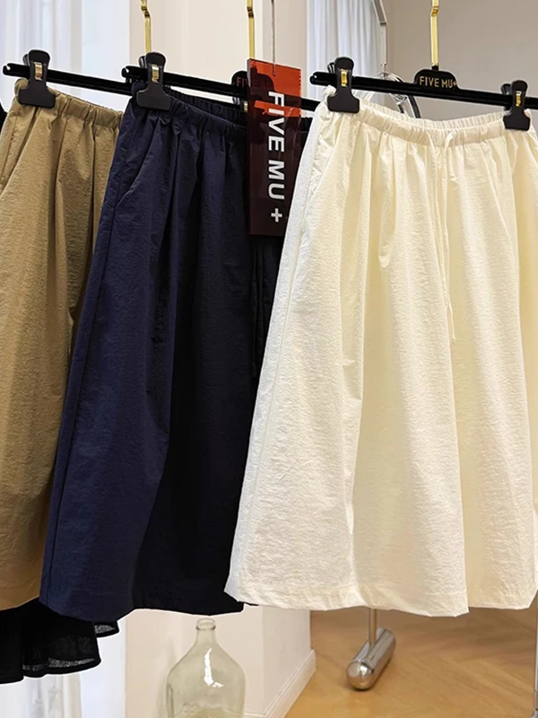 Wyszczuplające spodnie damskie z wysokim stanem, o kroju litery A, z szerokimi nogawkami, długość do połowy łydki, szybkoschnące, cienkie, letnie, codzienne spodnie do noszenia na zewnątrz.