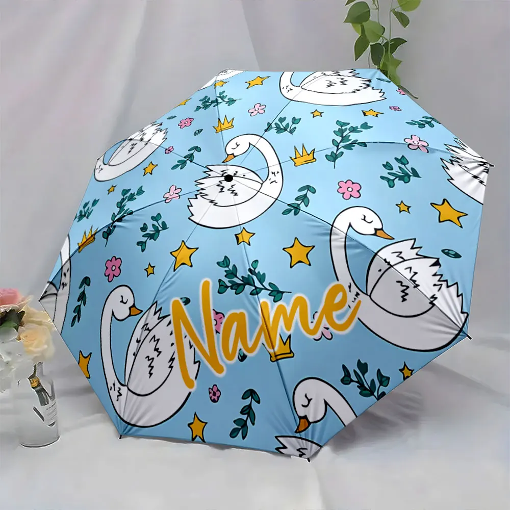 Custom Name Elegant Swan Pattern Umbrella Modern Aesthetic Print 8 Iron Ribs Folding Umbrella, Auto-Open Fashion Sunshade