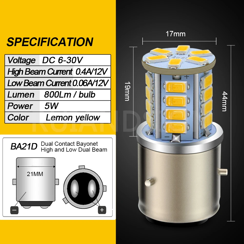 RUIANDSION BA21D LED Motorcycle Moped Scooter HeadLight Bulb 5730SMD DC 6V-30V 12V 24V Lemon Yellow High Low Beam