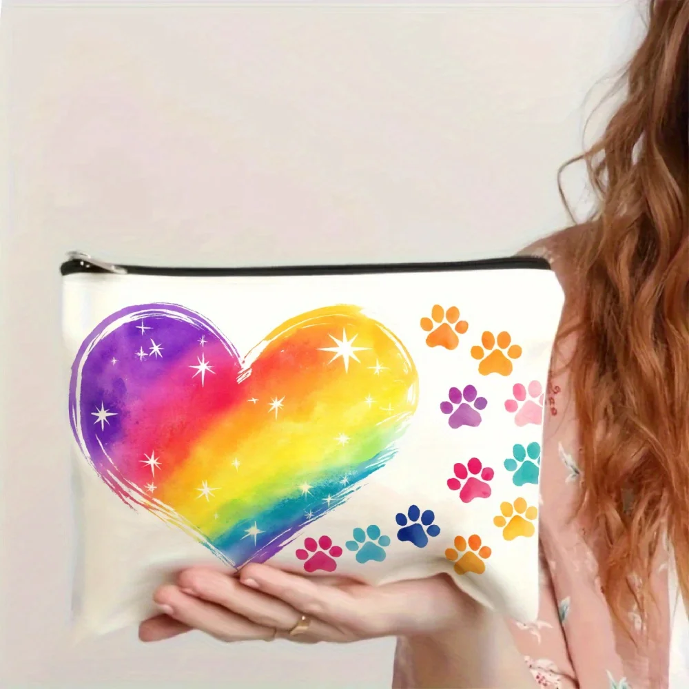 A Cute rainbow heart-shaped makeup bag with paw prints- multifunctional zipper pouch, jewelry storage bag, perfect travel zipper