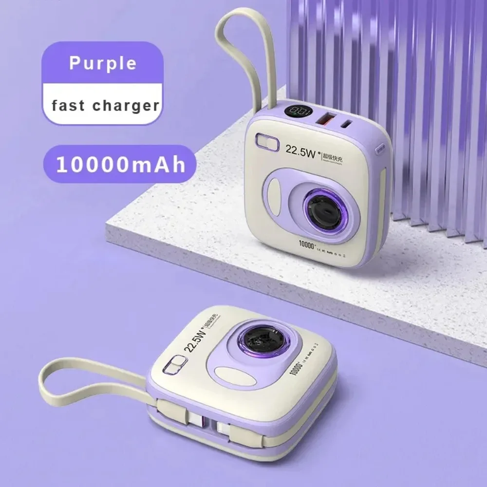 

Retro Camera Design Build-in 2 Cables Portable PD22.5W Fast Charge Power Bank with LED Display High Capacity 10000mAh Powerbank