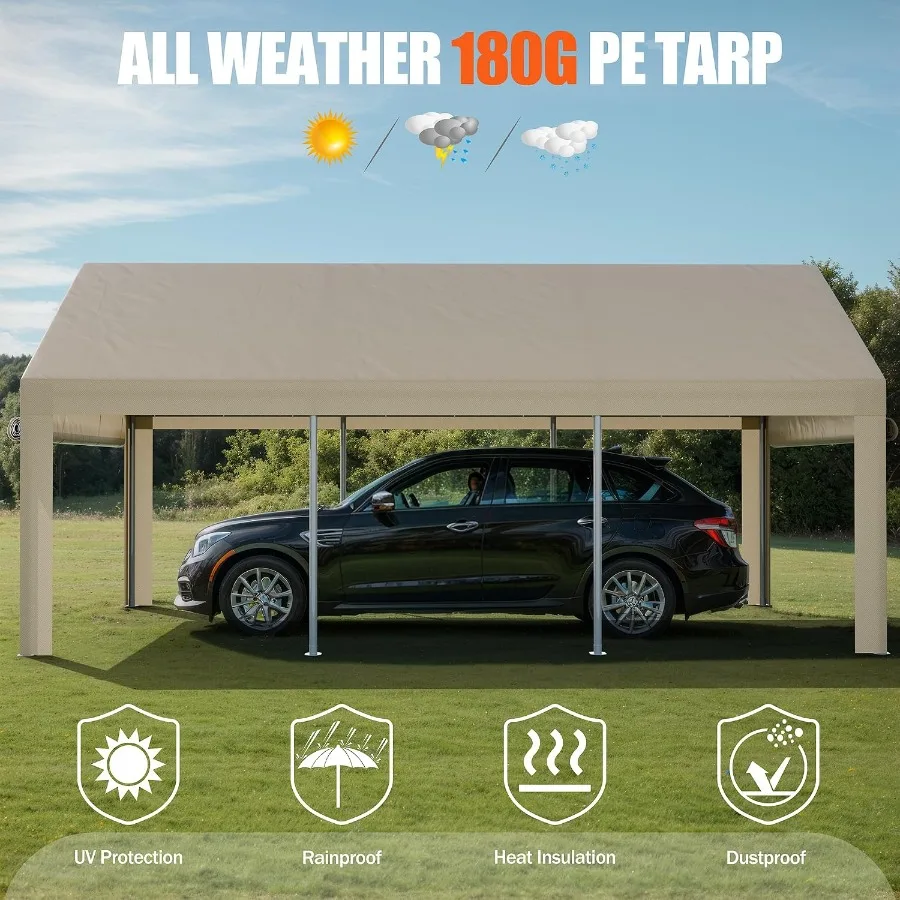 10X20 Ft Heavy Duty Carport For Outdoor Use With Khaki Polyester Fabric Roll-up Windows Removable Sidewalls And Doors All-Seaso