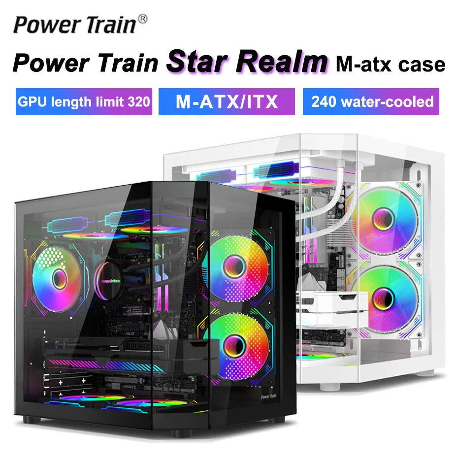 Power Train Star Realm M-ATX Desktop-Gehäuse, dreiseitiges Glas, Panorama-Seeansichtraum ohne Säulen, 240 Wasserkühlung, PC-Gehäuse