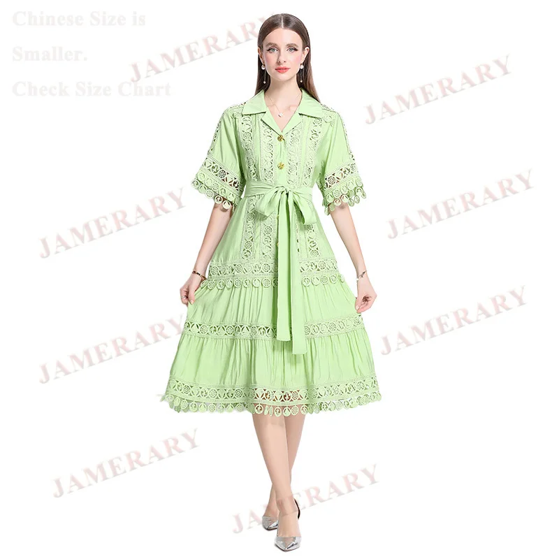 Elegant Summer Embroidery Long Dress Shirt Women Hollow Out Short Sleeve Loose Size A Line Midi Dresses Party Evening Vestidos
