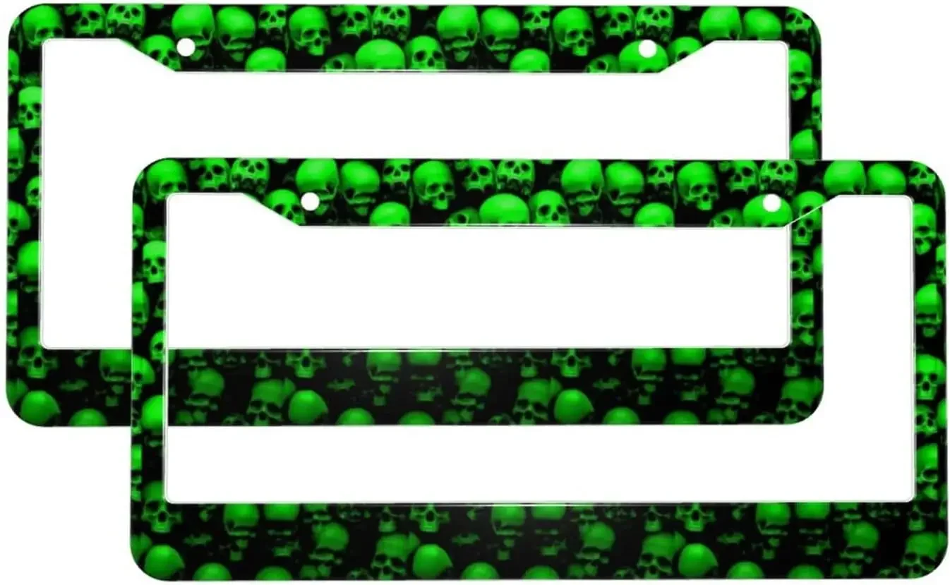 

Green Skulls Pattern Car License Plate Frame 2 Pack License Plate Holder with 2 Holes Car Tag Frame for Women Men US Vehicles