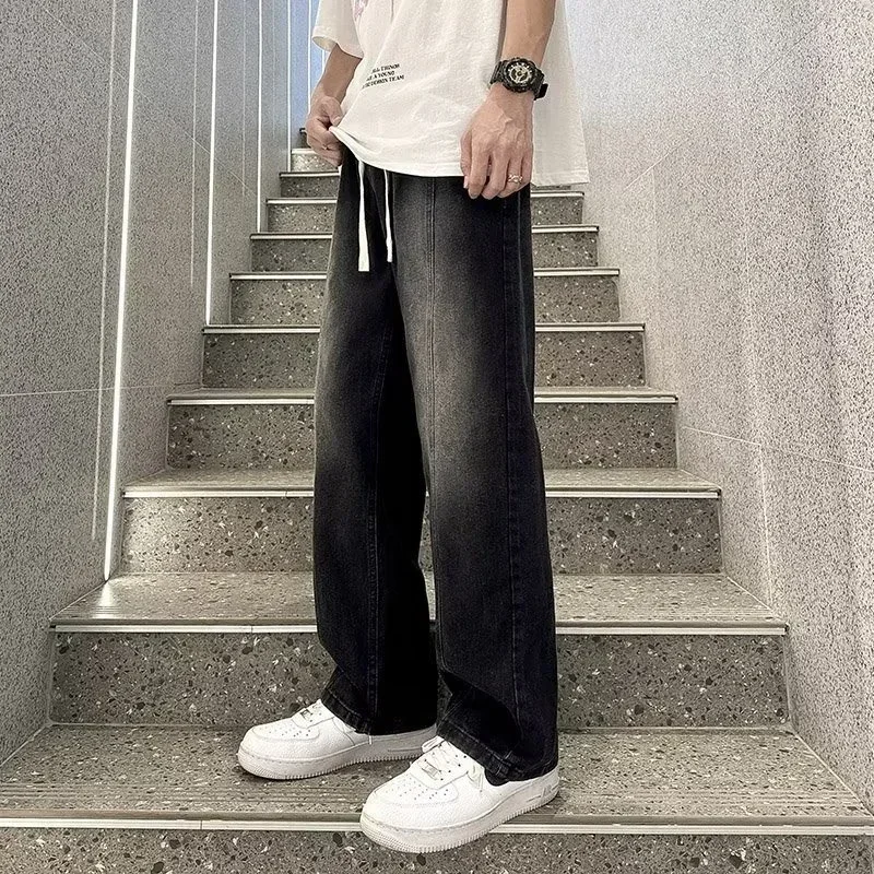 New Korean Fashion Wide-leg Baggy Jeans For Men Classic Drawstring Straight Denim Pants Y2K Vintage Jean Streetwear Trousers