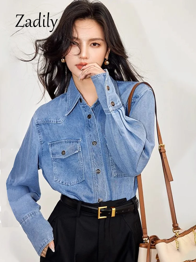 Minimalist Long Sleeve Women Denim Shirt Spring Vintage Button Up Loose Tunic Pocket Autumn Casual Turn Down Collar Clothing Top