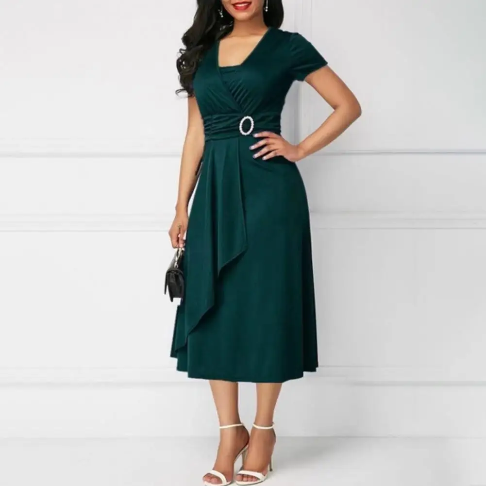 Robe de cocktail pour femmes, tenue de soirée décontractée, col en v, manches courtes, taille serrée, slim