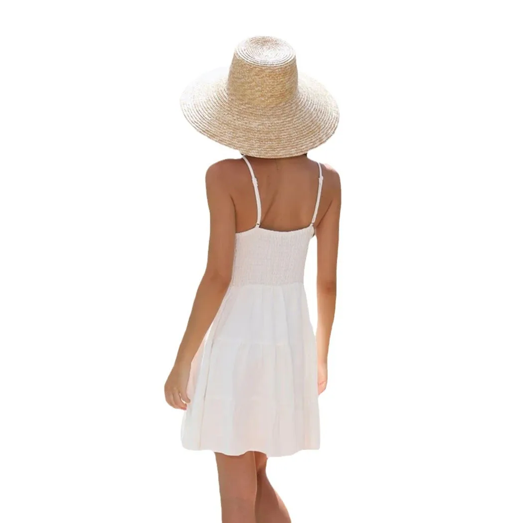 Vestido suspensor de cor sólida com decote em V de verão