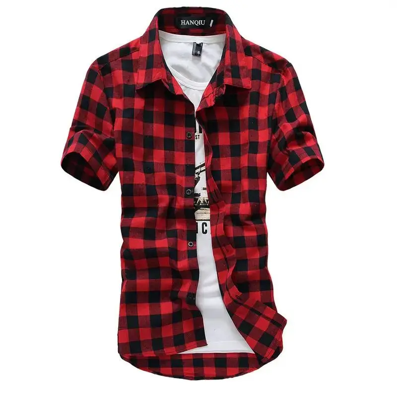 Red And Black Plaid Men's Shirt 2024 New Summer Fashion Thickened Fleece Lined  Collar Nine Sleeve Length Autumn Style