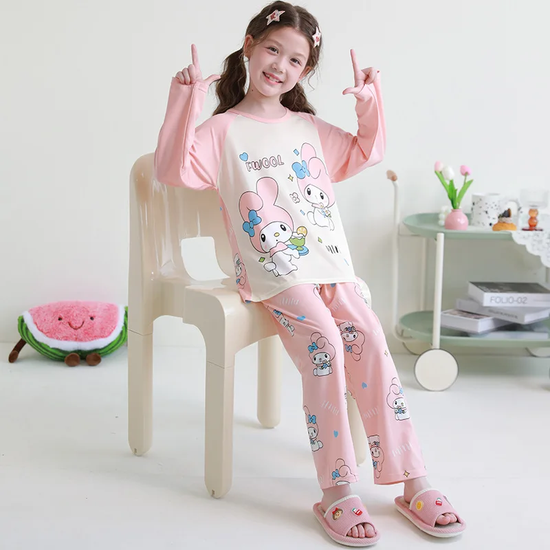 Sanrio Kuromi My Melody Children Pajamas Kawaii Pochacco Cinnamoroll Pure Cotton Long Sleeve Sleepwear Cartoon Kid Home Suit Set