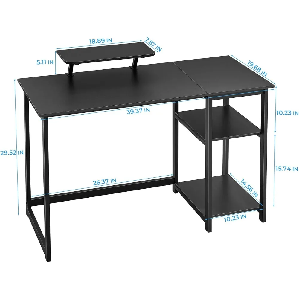 Computer Desk 39 Inch with Monitor Stand, Office Desk with Adjustable Storage Shelves, Small Gaming Desk