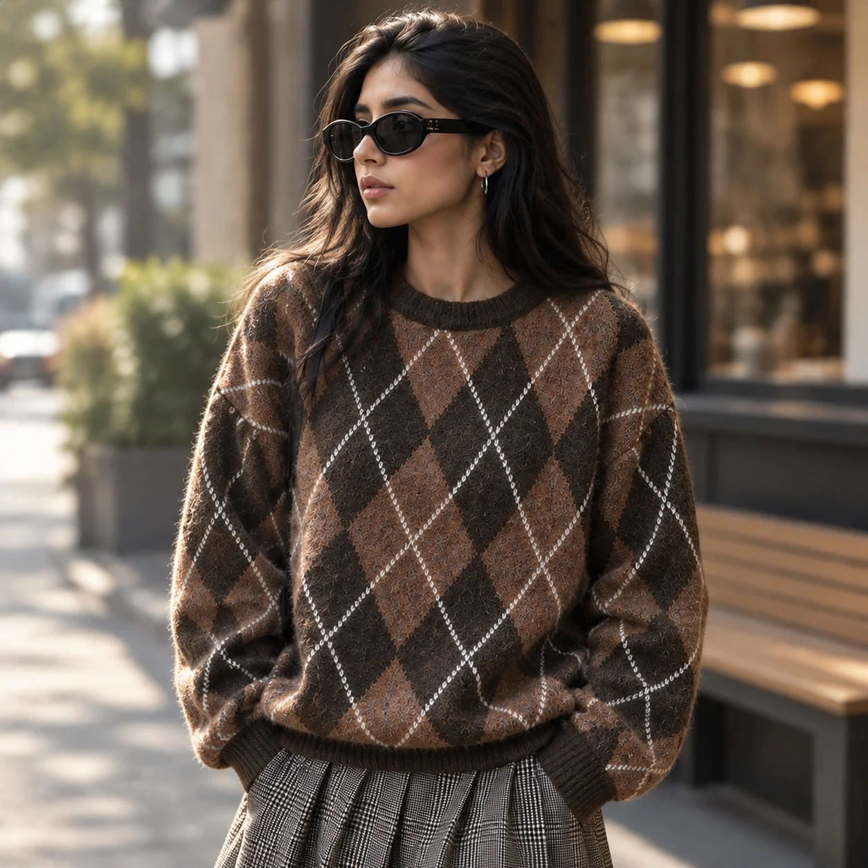 Pullover Loose Fit Sweater Casual with Plaid Regular Sleeve Heat Set Winter Long Sleeve Regular Length Round Neck Women Sweater