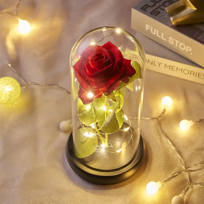 Housse anti-poussière en forme de fleur simulée, la belle et la bête, Rose éternelle, décoration, lumière LED, cadeaux pour la saint-valentin et la fête des mères