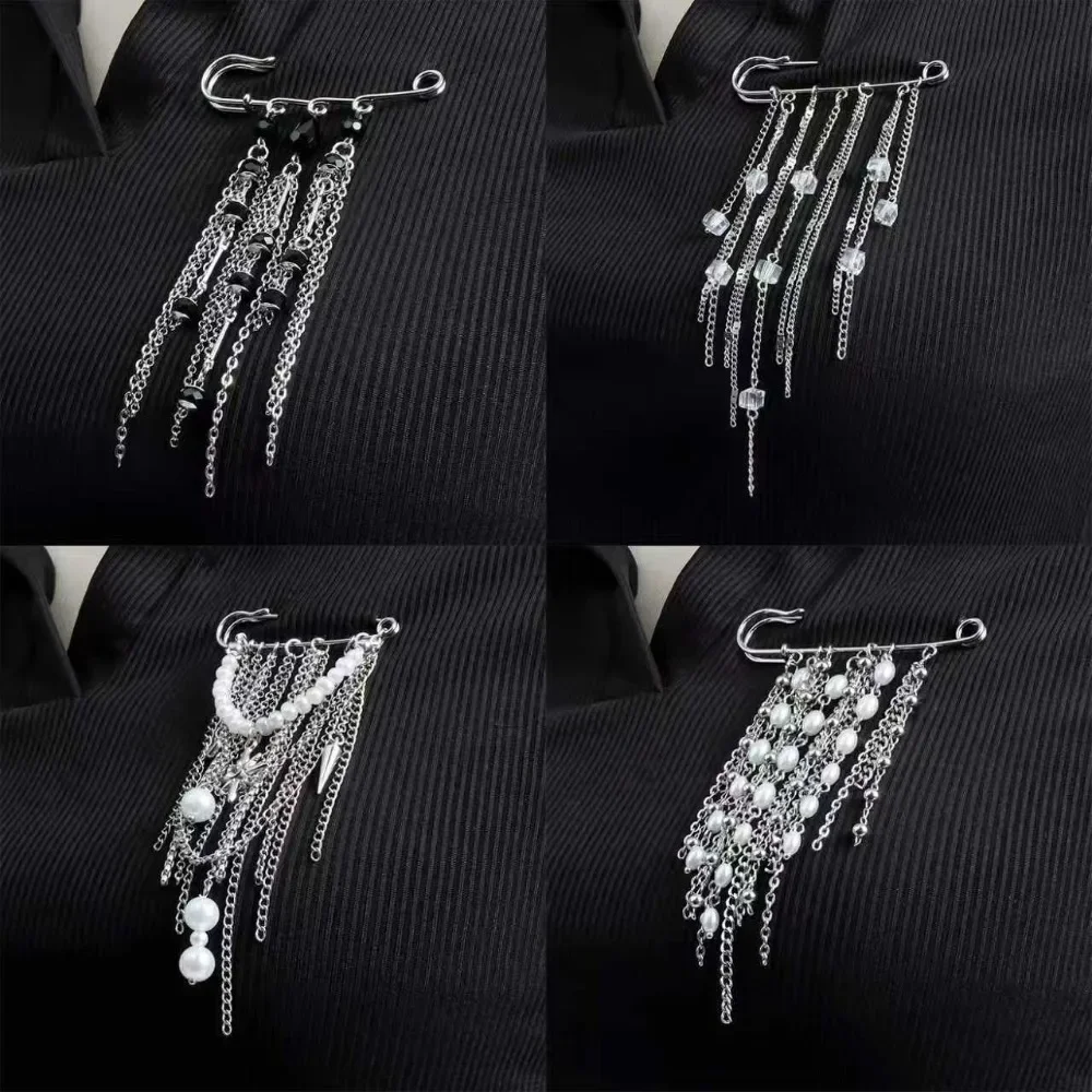 Hip Hop Trendy Imitation Pearl Tassel Chain Brooches for Men Women Waist-shaping Fixed Pin Accessory Multi-functional Jewelry