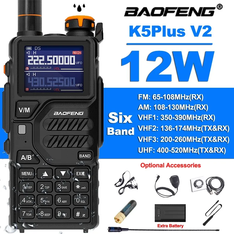 Baofeng UV-K5 Plus Walkie Talkie 12W High Capacity UHF VHF AM FM Two-Way Radio K5 Full Band LCD Noise Reduction DTMF Ham Radios