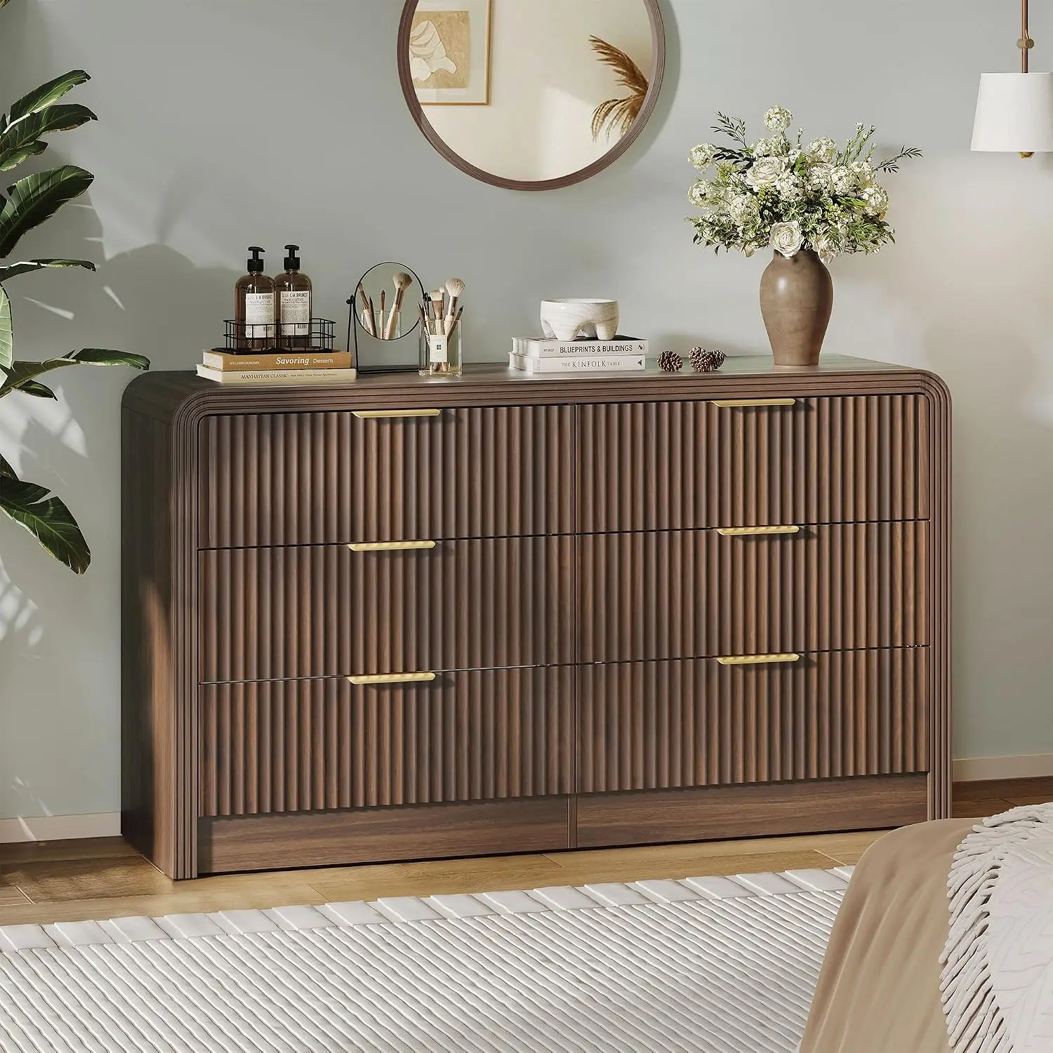 Fluted Six Drawer Dresser Storage Cabinet, Wood Chest Of Drawers Organizer For Bedroom Living Room Hallway, Modern Wave Texture Clothes Sideboard Stand, Contemporary Style, Walnut, 1 Pack