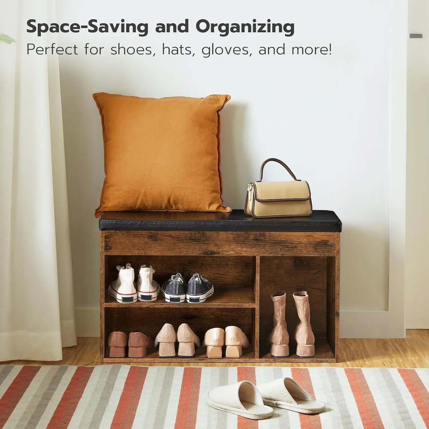 Shoe Storage Bench with Cushion, Flip-Open Box & Adjustable Shelf for Entryway or Living Room in Rustic Brown