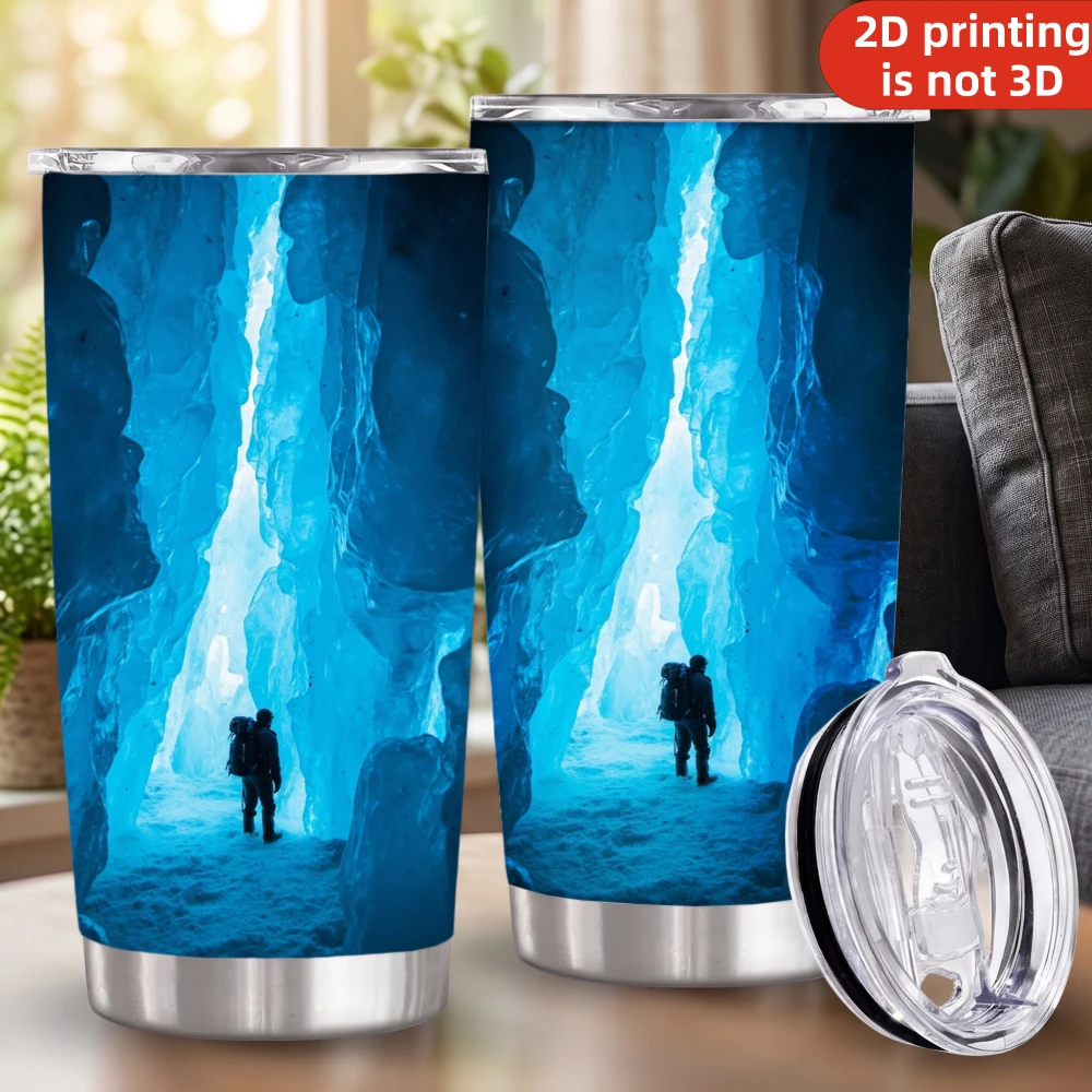 20oz Glacier Ice Cave Hiker Printed Stainless Steel Tumbler with Lid and Straw, Deep Blue Arctic Crevasse Winter Adventure Landscape Vacuum Insulated Travel Coffee Mug Gifts for Outdoor Lovers