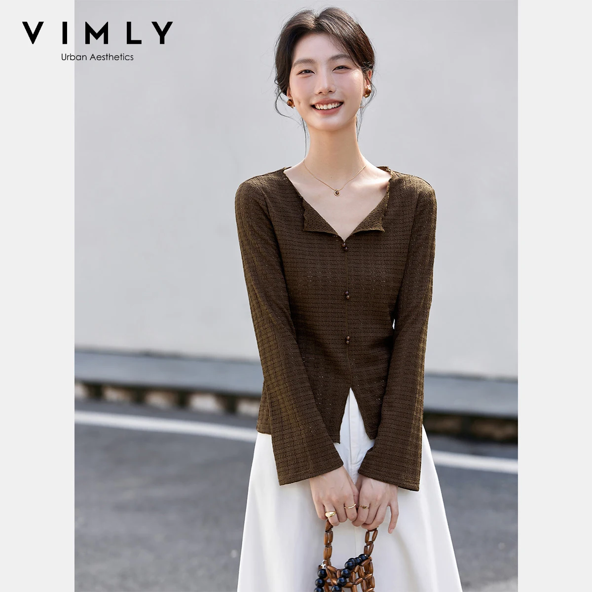 

VIMLY Women's V-neck Ruffled Textured Tees Fall 2025 Elegant Side Slit T-shirts Casual Long Sleeve Beaded Buttons Tops A2920
