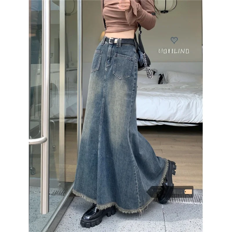 

Retro High Waist Fi Tail Denim Skirt Women's Summer 2025 New Design Distred Look A-Line Skirts Korean Sle Commute